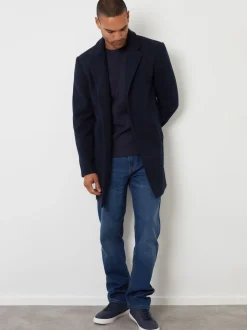 Threadbare Navy Faux Wool Overcoat