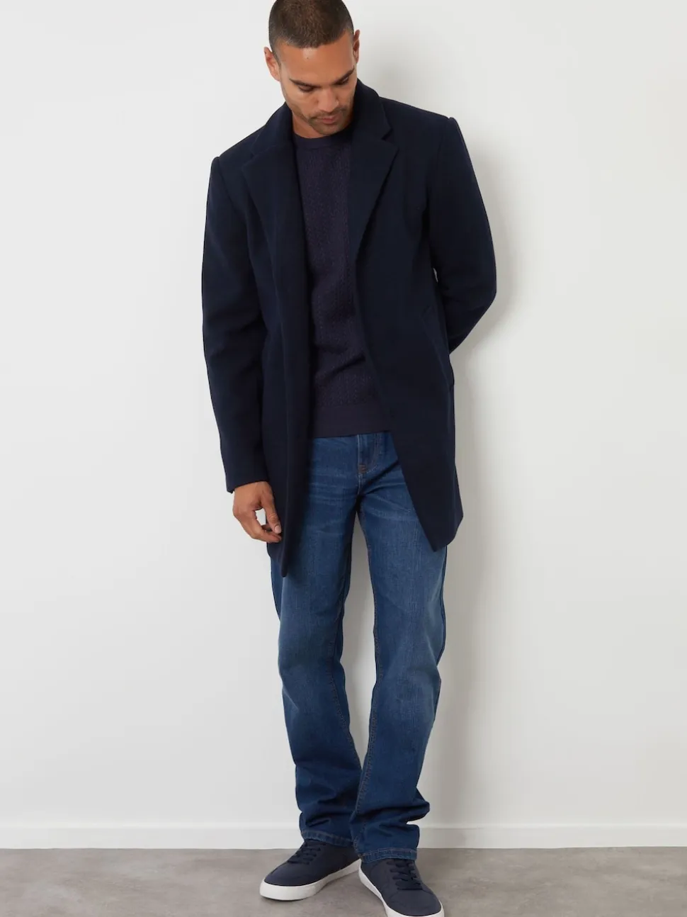 Threadbare Navy Faux Wool Overcoat