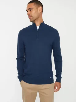 Threadbare Navy Funnel Quarter Zip Knitted Jumper