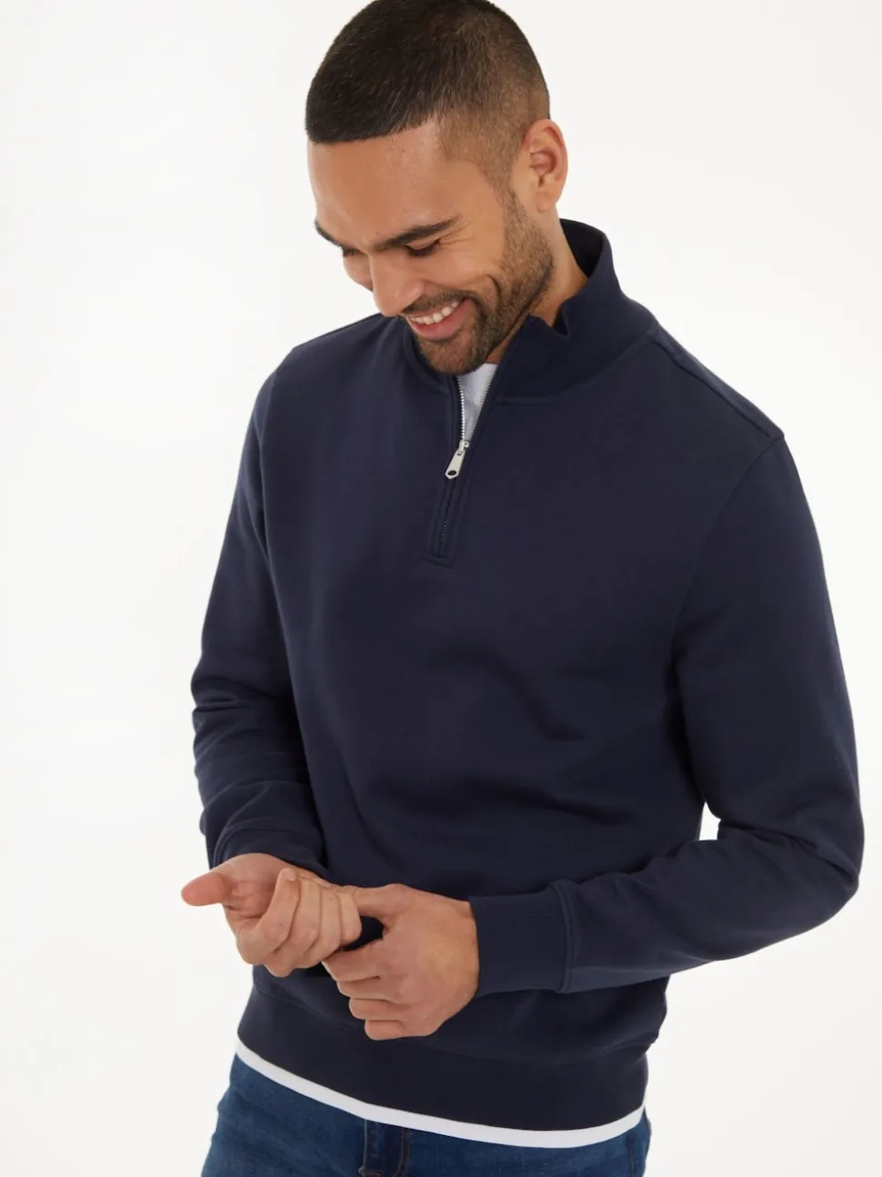 Threadbare Navy Mock T-Shirt Quarter Zip Sweatshirt