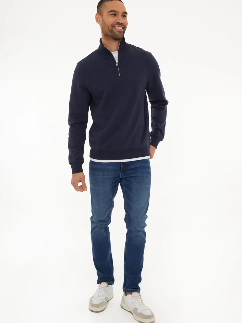 Threadbare Navy Mock T-Shirt Quarter Zip Sweatshirt