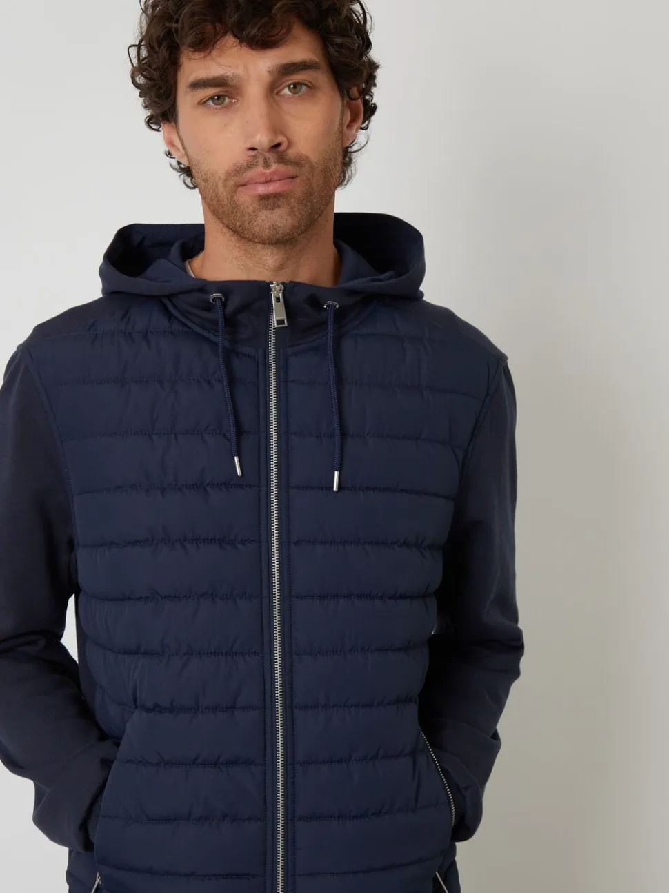 Threadbare Navy Quilted Hybrid Hooded Jacket