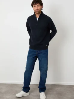 Threadbare Navy Raglan Rib Quarter Zip Knitted Jumper