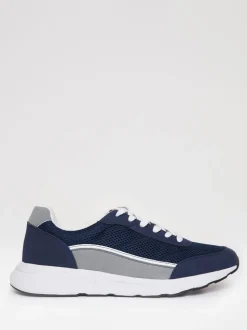 Threadbare Navy Retro Mixed Material Trainers
