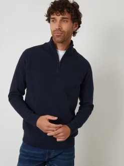 Threadbare Navy Textured Knit Quarter Zip Jumper