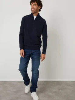 Threadbare Navy Textured Knit Quarter Zip Jumper