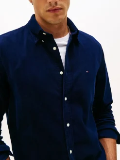 Tommy Hilfiger Blue Regular Fit Flag Embroidery Corduroy Shirt