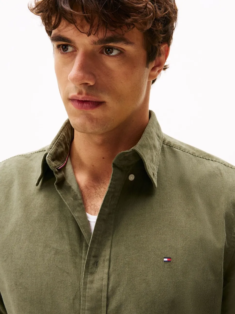 Tommy Hilfiger Green Regular Fit Flag Embroidery Corduroy Shirt