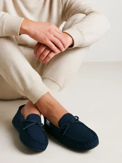 Totes Blue Isotoner Mens Herringbone Lined Moccasin