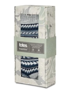 Totes Blue Toasties Mens Sherpa Lined Fair Isle Slipper Socks