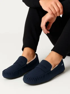 Totes Blue Toasties Mens Suedette Moccasin Slippers With Faux Fur Lining