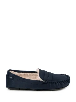 Totes Blue Toasties Mens Suedette Moccasin Slippers With Faux Fur Lining