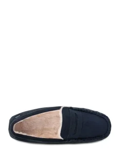 Totes Blue Toasties Mens Suedette Moccasin Slippers With Faux Fur Lining
