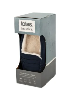 Totes Blue Toasties Mens Suedette Moccasin Slippers With Faux Fur Lining