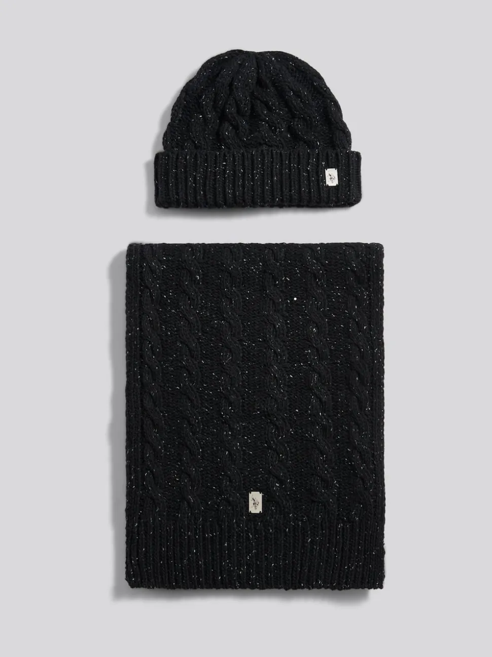 U.S. Polo Assn Black Cable Knit Beanie & Scarf Box Set