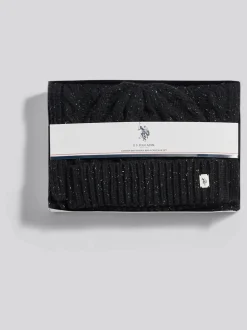 U.S. Polo Assn Black Cable Knit Beanie & Scarf Box Set