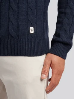U.S. Polo Assn. Blue Mens Cable Knit Crew Jumper