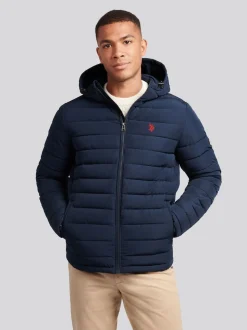 U.S. Polo Assn. Blue Mens Lightweight Quilt Hooded Puffer Jacket