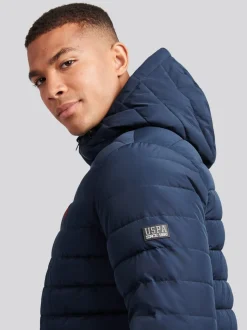 U.S. Polo Assn. Blue Mens Lightweight Quilt Hooded Puffer Jacket