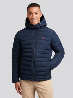 U.S. Polo Assn. Blue Mens Lightweight Quilt Hooded Puffer Jacket