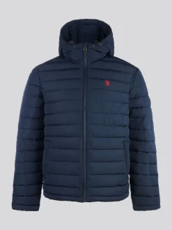 U.S. Polo Assn. Blue Mens Lightweight Quilt Hooded Puffer Jacket