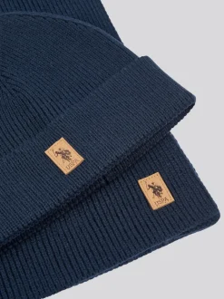 U.S. Polo Assn. Blue Winter Mens Luxury Rib Knit Beanie And Scarf Box Set