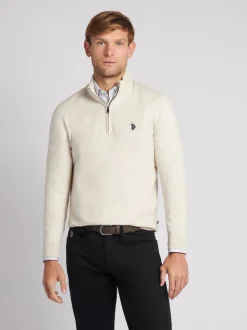 U.S. Polo Assn. Cream Cotton Funnel Neck Quarter Zip Knit