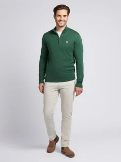 U.S. Polo Assn. Dark Green Cotton Funnel Neck Quarter Zip Knit
