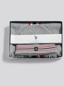 U.S. Polo Assn Grey Brand Stripe Beanie & Scarf Box Set