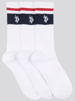 U.S. Polo Assn. White Brand Stripe Mens Sports Socks 3 Pack