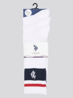 U.S. Polo Assn. White Brand Stripe Mens Sports Socks 3 Pack