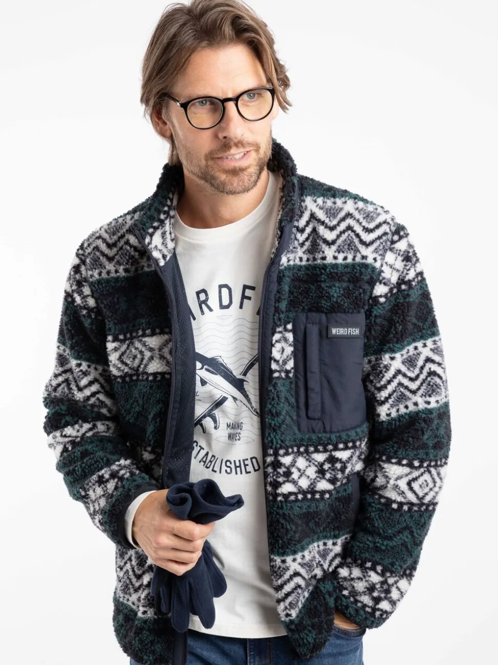 Weird Fish Blue Lucian Full Zip Jacquard Borg Fleece