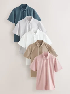 White / Blue / Neutral / Pink / Grey Regular Fit Short Sleeve Jersey Polo Shirts 5 Pack
