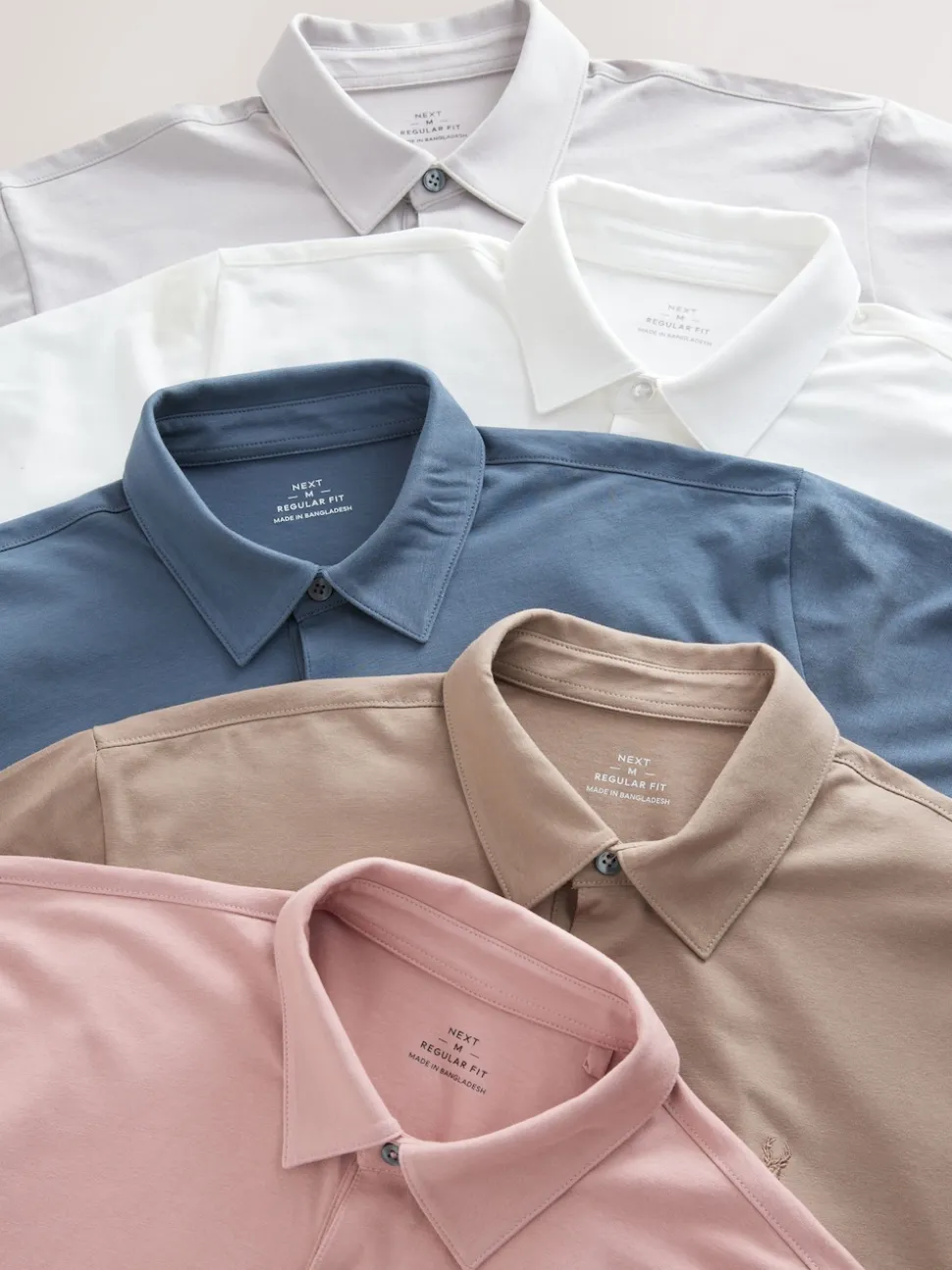 White / Blue / Neutral / Pink / Grey Regular Fit Short Sleeve Jersey Polo Shirts 5 Pack