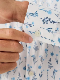 White Blue Floral Print Regular Fit Long Sleeve Shirt