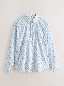 White Blue Floral Print Regular Fit Long Sleeve Shirt
