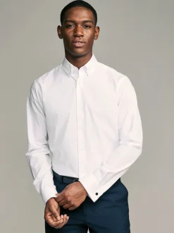 White Button Down Collar Slim Fit Easy Care Double Cuff Smart Shirt