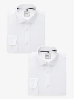White Easy Care Textured Slim Fit Single Cuff Smart Shirts 2 Pack