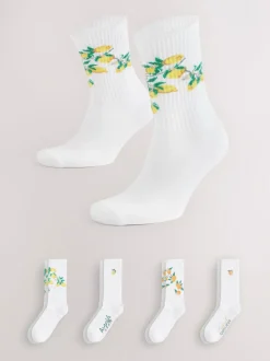 White Fruit Pattern Embroidered Sports Socks 4 Pack