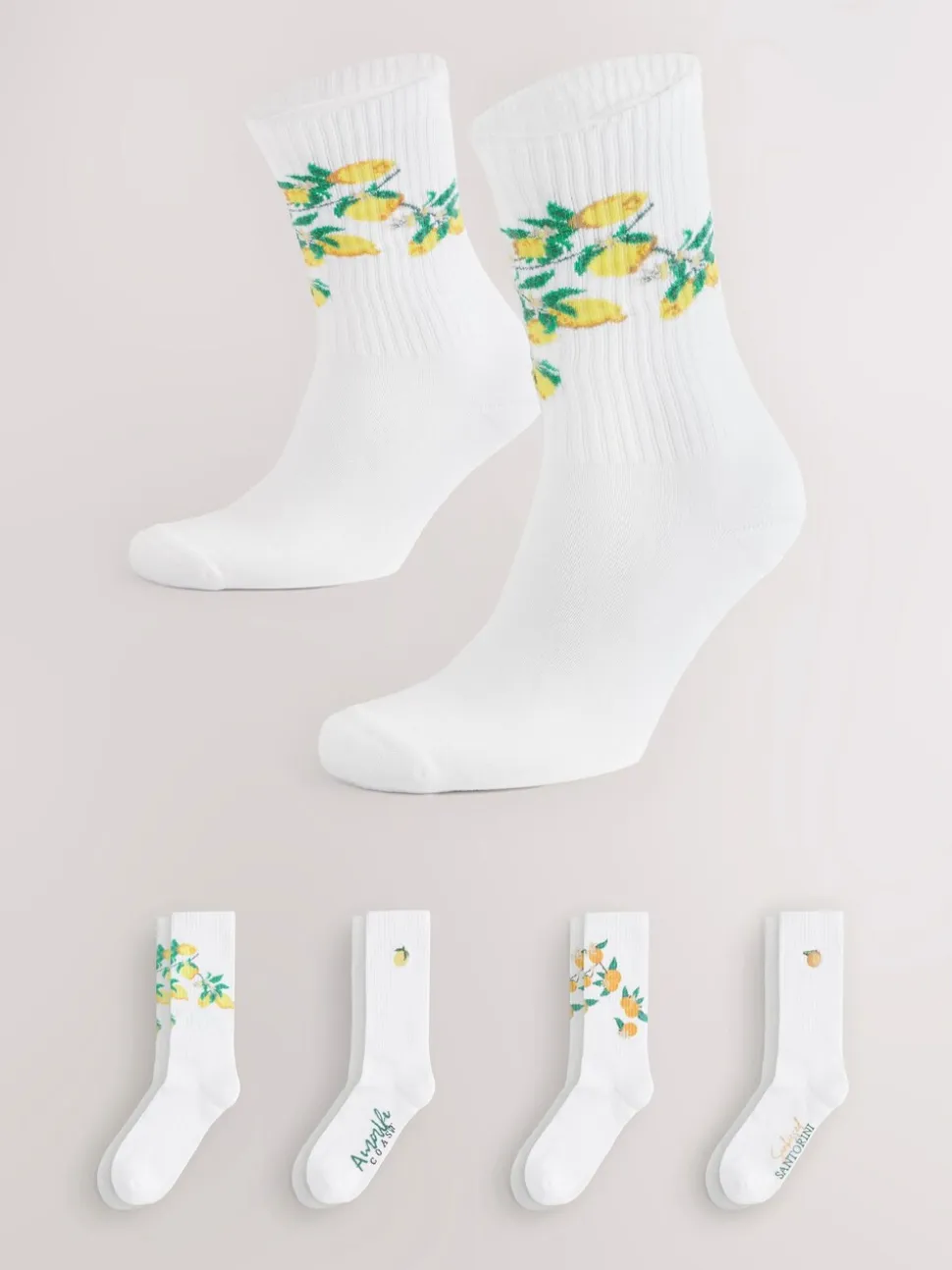 White Fruit Pattern Embroidered Sports Socks 4 Pack