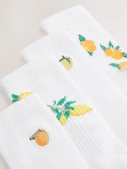 White Fruit Pattern Embroidered Sports Socks 4 Pack
