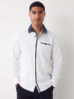 White Hatch Contract Collar Regular Fit Smart Trimmed Long Sleeve Party Shirt