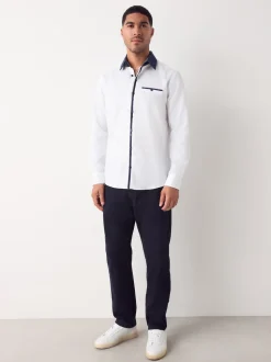 White Hatch Contract Collar Regular Fit Smart Trimmed Long Sleeve Party Shirt