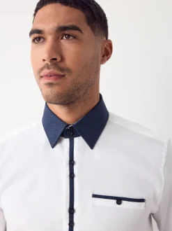 White Hatch Contract Collar Regular Fit Smart Trimmed Long Sleeve Party Shirt