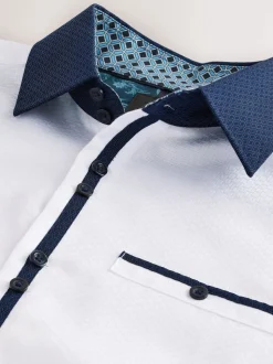 White Hatch Contract Collar Regular Fit Smart Trimmed Long Sleeve Party Shirt