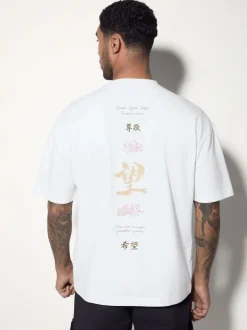 White Japan Relaxed Fit Graphic Print Heavy Weight T-Shirt