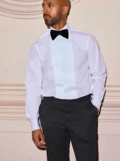 White Narrow Pleated Double Cuff 100% Cotton Dress Shirt With Cutaway Collar