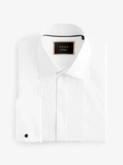 White Narrow Pleated Double Cuff 100% Cotton Dress Shirt With Cutaway Collar