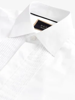 White Narrow Pleated Double Cuff 100% Cotton Dress Shirt With Cutaway Collar