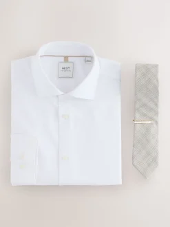 White Neutral Texture with Tie Clip Slim Fit Occasion Shirt And Tie Set